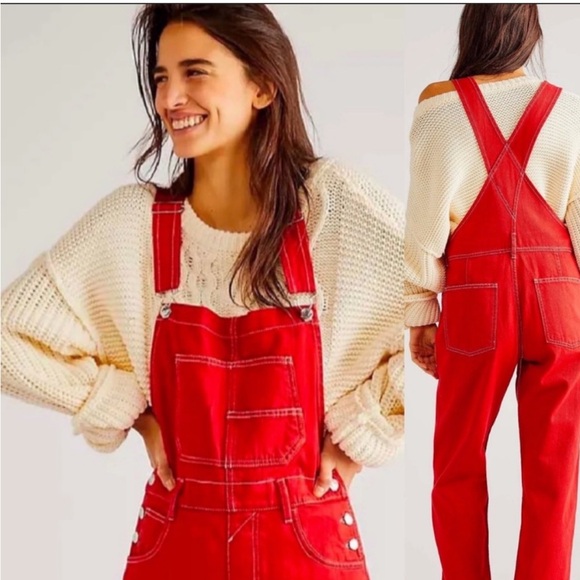 We the Free Ziggy Denim Overalls Size Small Maroon Banner Retro Slouchy - Picture 2 of 11